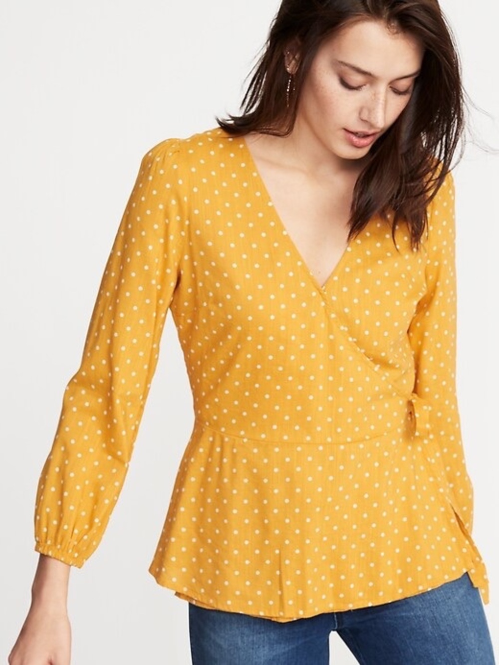 Old Navy Yellow White Polka Dot Wrap-Front Tie-Waist Top for Women Sz L